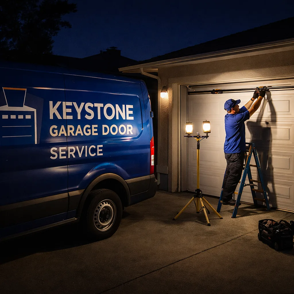 A Keystone service van parked in a driveway at night with a technician working on a garage door under portable work lights.