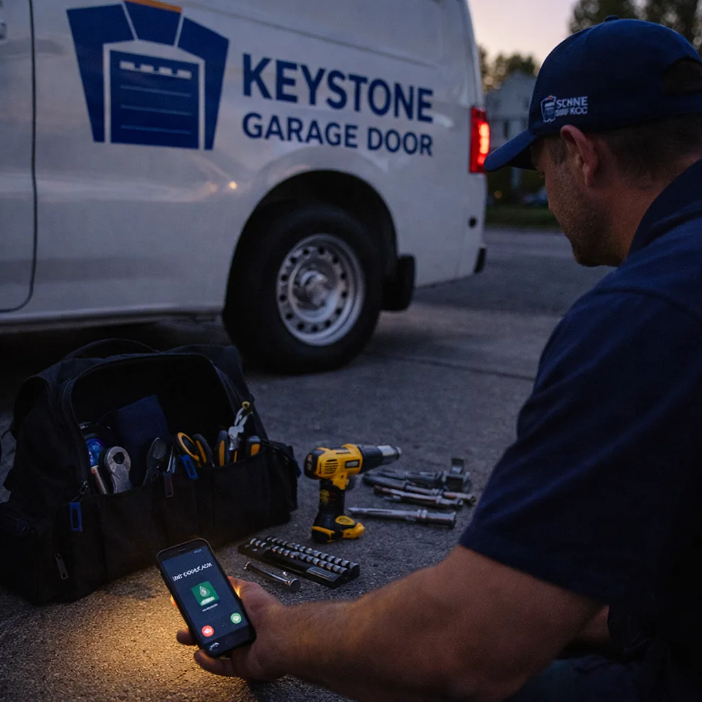 A technician's phone lighting up with an incoming call next to a set of tools laid out on a driveway at dusk.