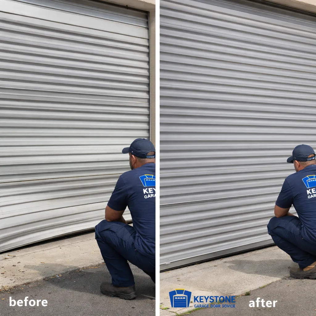 Side-by-side of a commercial rolling steel door before repair (bent guide, misaligned bottom bar) and after repair (curtain running flat and true).
