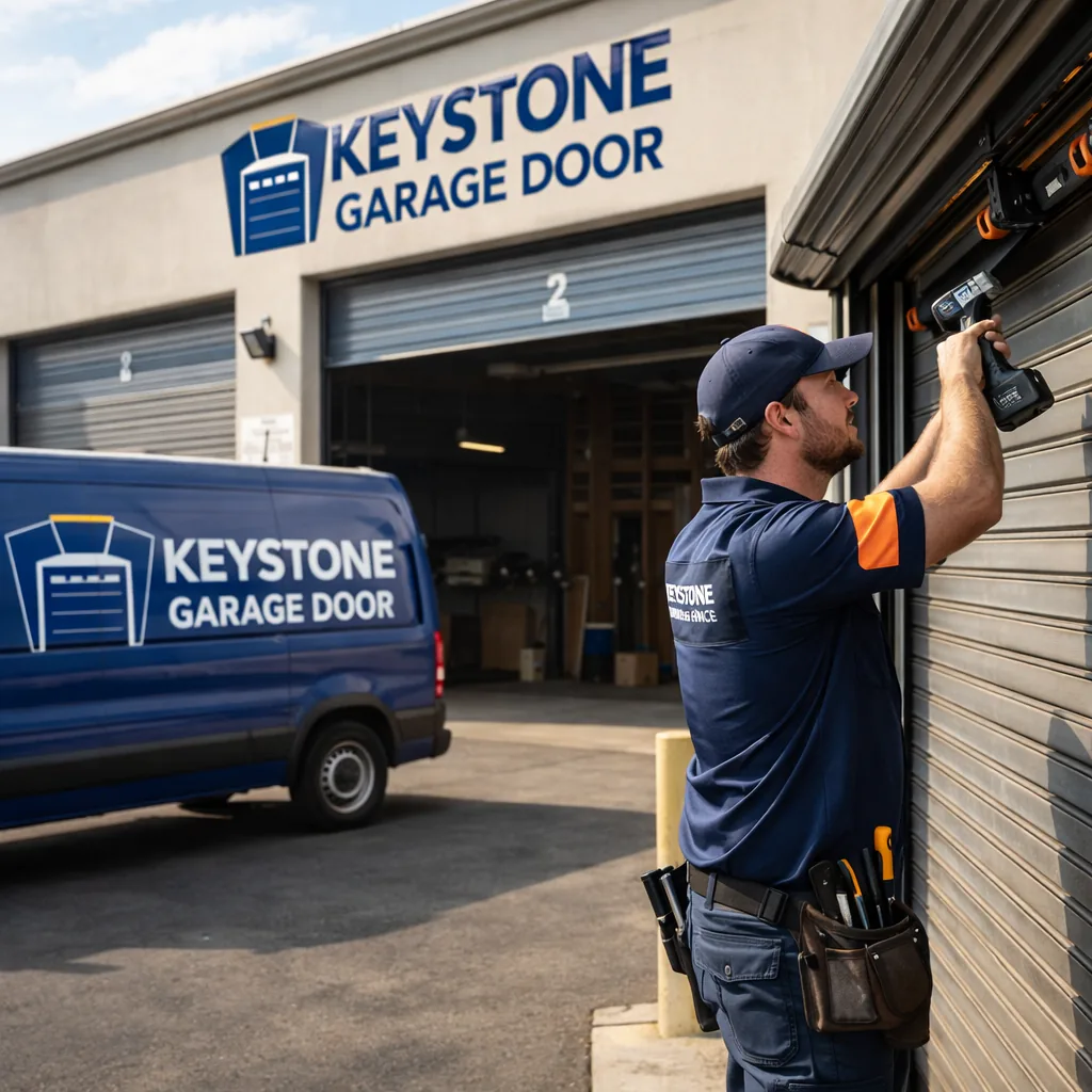 A Keystone technician servicing a large rolling steel commercial overhead door at a Sacramento warehouse loading dock.