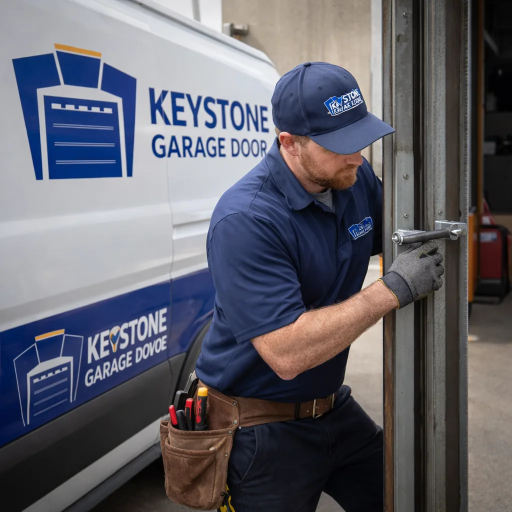 A technician adjusting the guide track of a rolling steel commercial door at a Sacramento business loading dock.