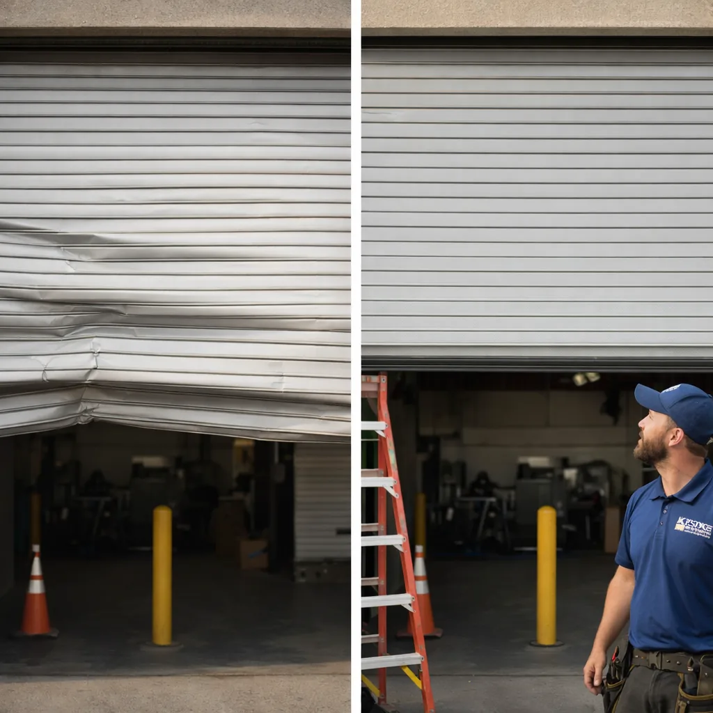 Side-by-side of a commercial rolling steel door before repair (dented slats, door stuck partway) and after (door fully retracted, slats aligned and running smoothly).