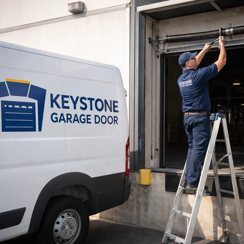 A Keystone Garage Door technician servicing a large rolling steel commercial overhead door at a warehouse loading dock, torsion spring assembly visible above the opening.
