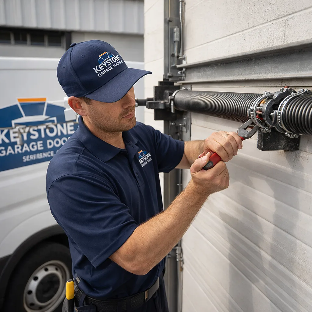 A technician inspecting a heavy-duty torsion spring assembly mounted above a commercial sectional overhead door at a light-industrial building.