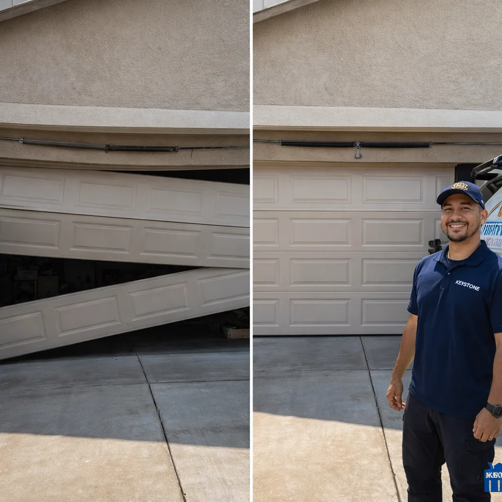 Side-by-side image of a residential garage door before the emergency call (spring broken, door sagging on one side) and after (door level, spring and cables replaced, running smoothly).