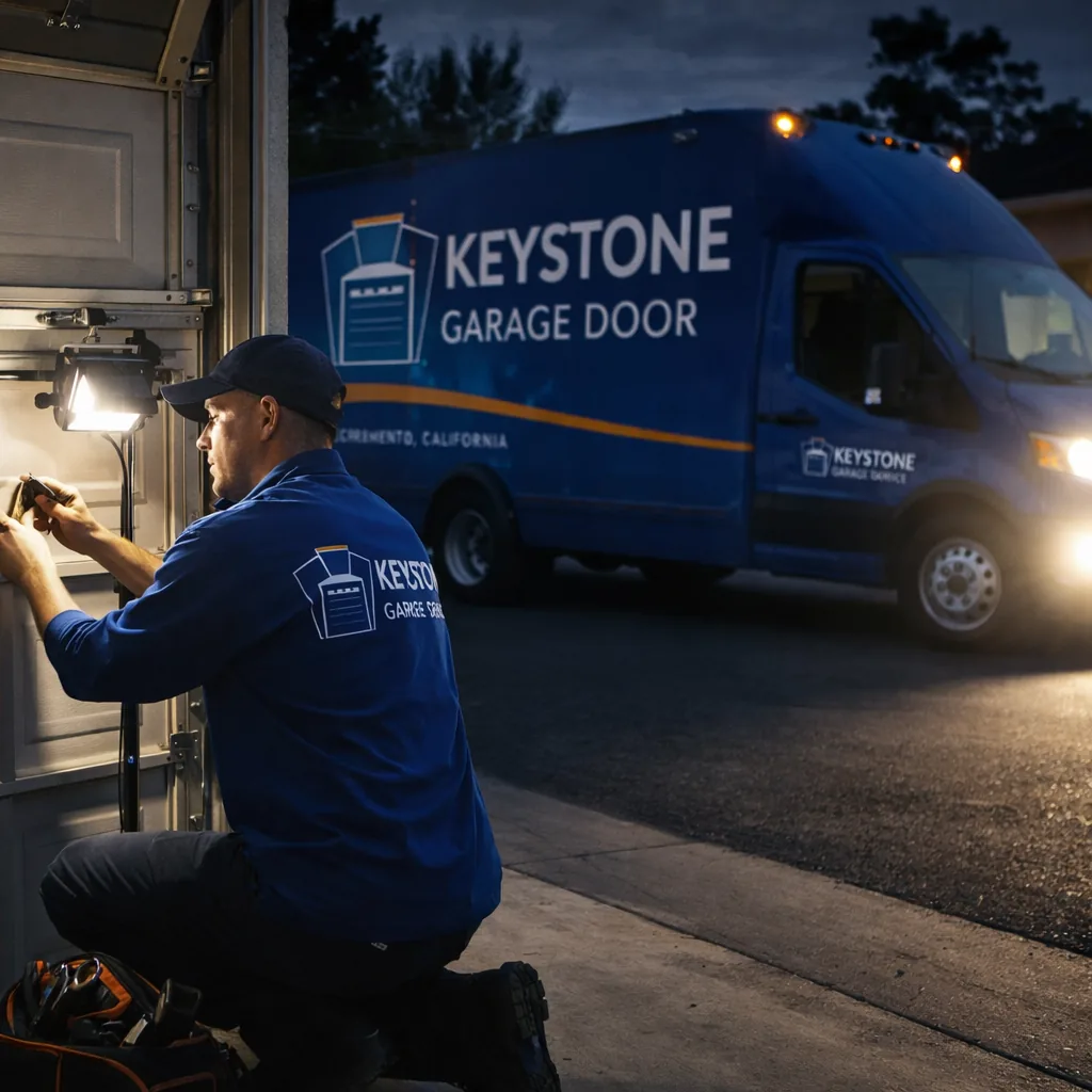 A Keystone Garage Door Service technician working after dark under a work light on a stuck residential garage door, service truck headlights visible behind him.