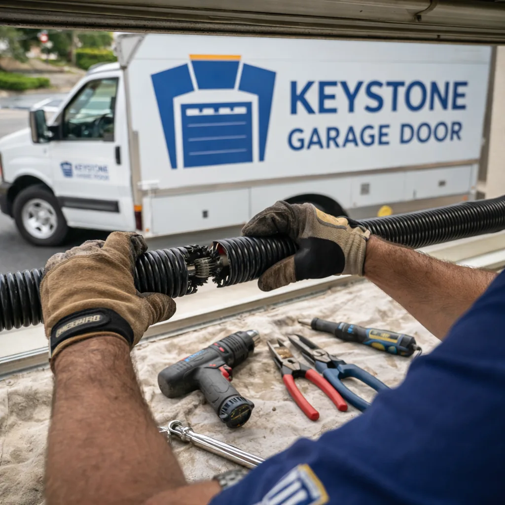 Close-up of a Keystone technician's hands inspecting a broken torsion spring above a residential garage door opening, tools laid out on a drop cloth.