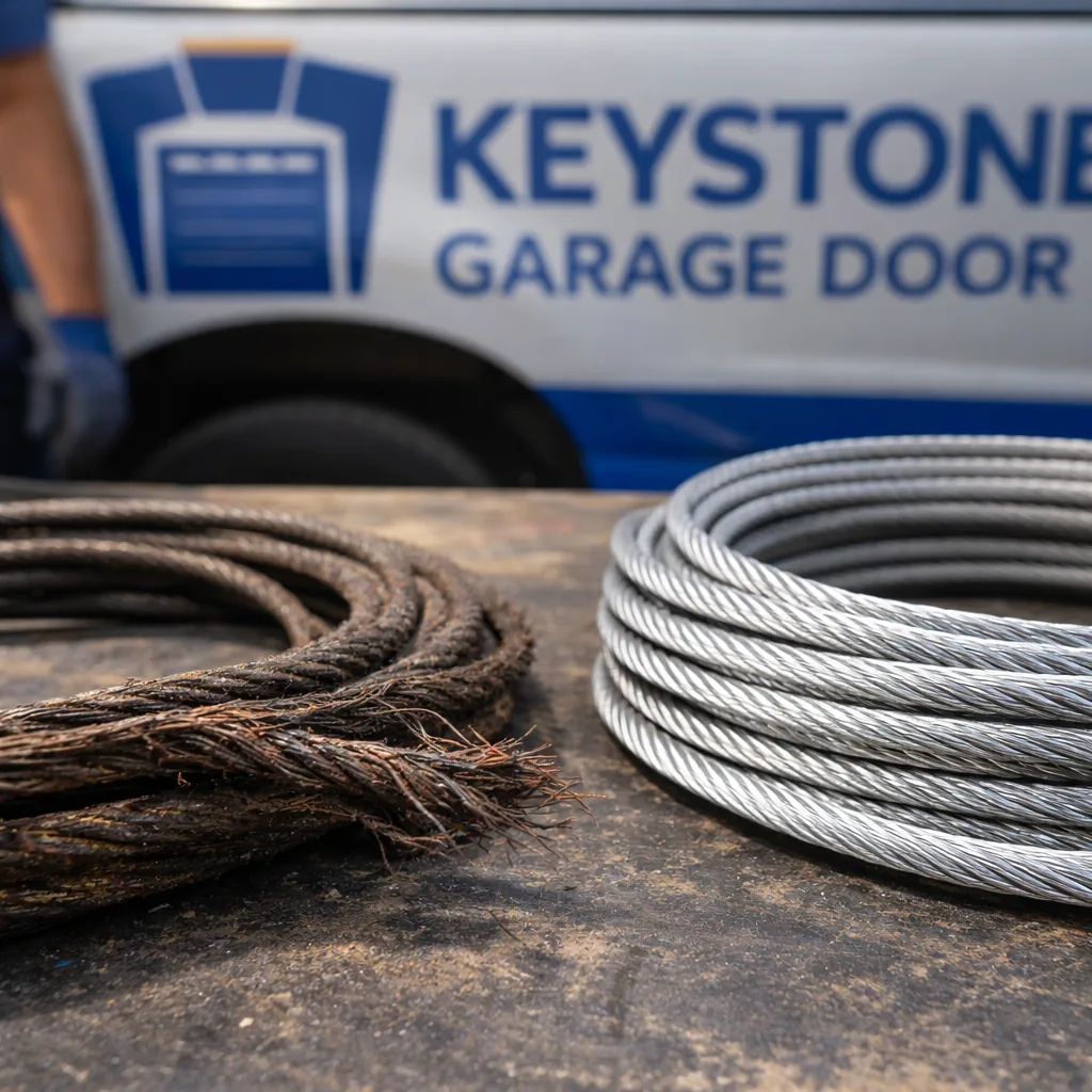 A frayed and rusted garage door lift cable removed from a drum, shown next to a new galvanized replacement cable on a workbench.