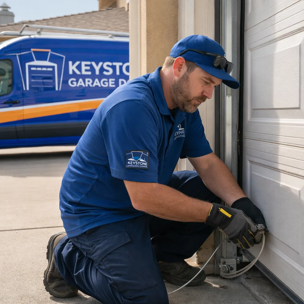 A Keystone technician kneeling at the bottom corner of a residential garage door, replacing a snapped lift cable at the bottom bracket.