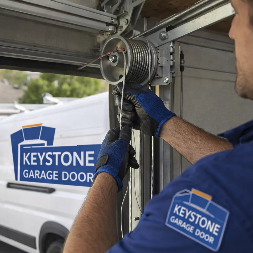 Close-up of a technician's hands feeding a new steel lift cable around the drum at the top corner of a garage door track.