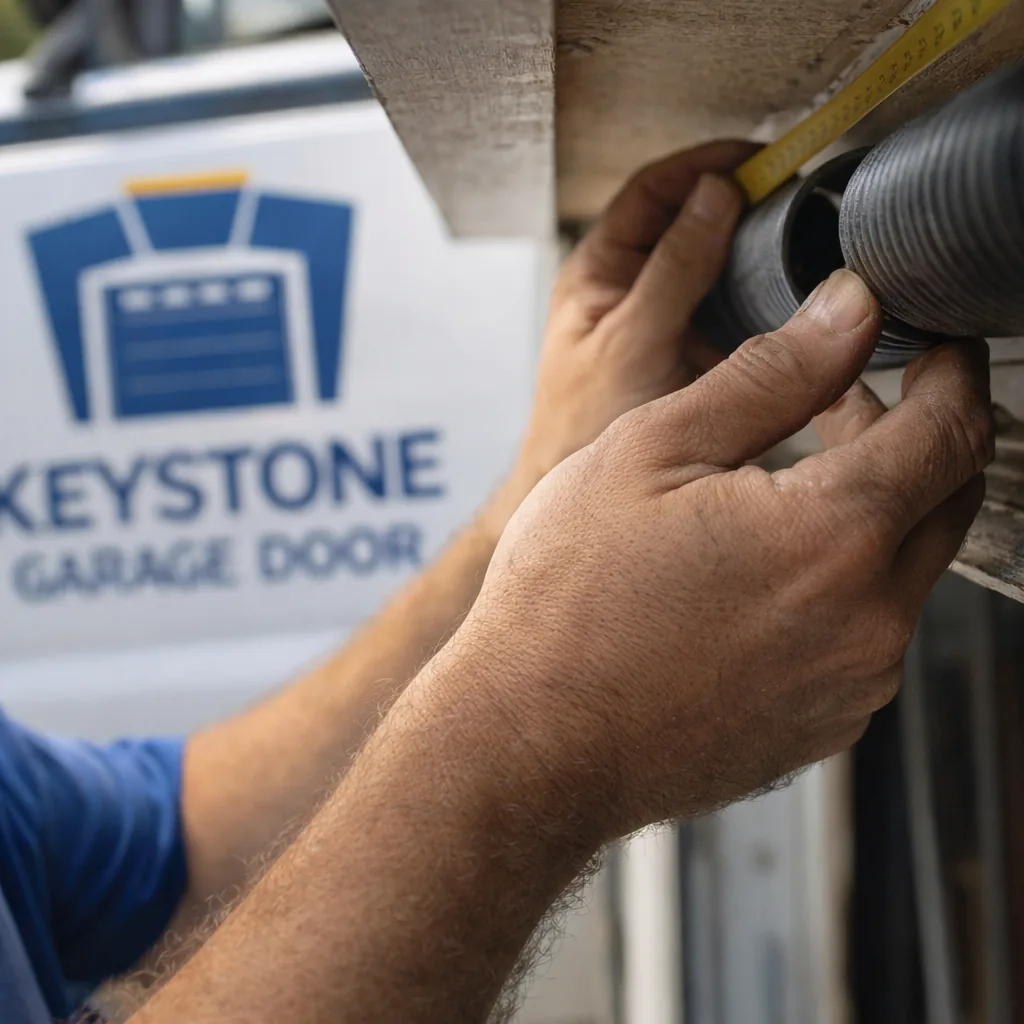 Close-up of a technician's hands checking the torsion spring and header clearance above a garage door opening before installation.