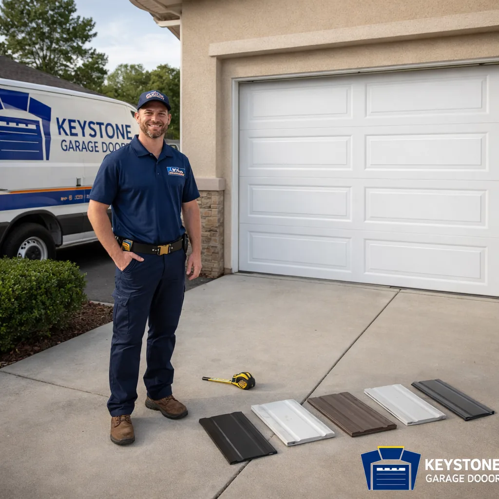 A Keystone technician standing beside a newly installed steel sectional garage door on a Sacramento driveway, with a tape measure and door panel samples nearby.
