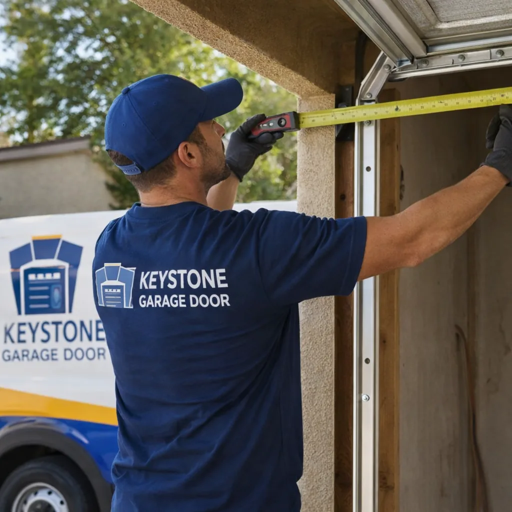 A Keystone technician measuring a garage door opening's header clearance and track alignment before installation on a Sacramento home.