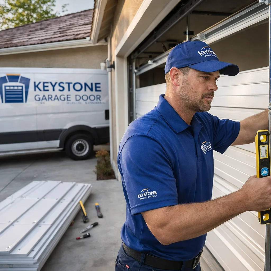 A Keystone technician and a new steel sectional garage door mid-installation on a Sacramento home, panels stacked and track alignment tools visible.