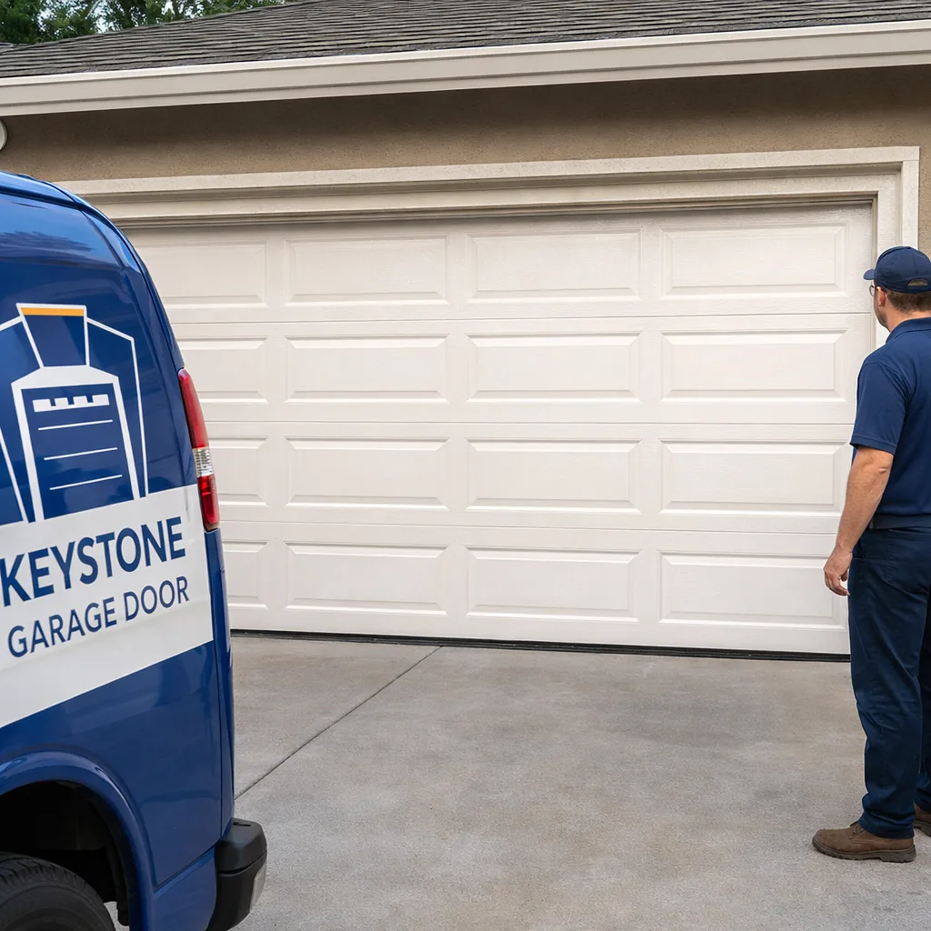 A finished, freshly installed steel sectional garage door on a Sacramento home, closed and level with clean weather seal along the bottom.