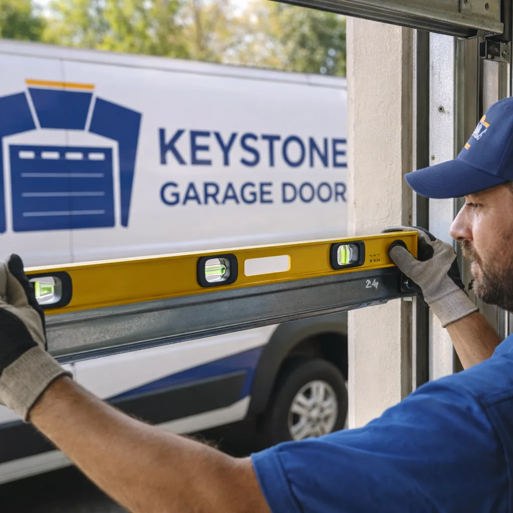 A technician using a level to check a newly installed garage door track before the panels are hung.