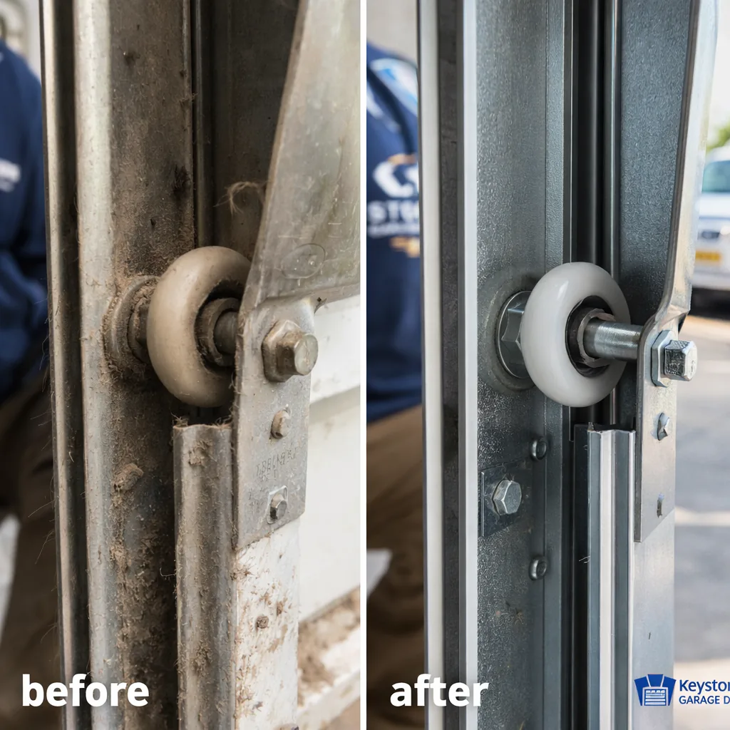 Side-by-side of a garage door track and roller before maintenance, dusty and misaligned, and after, clean, lubricated, and running true.