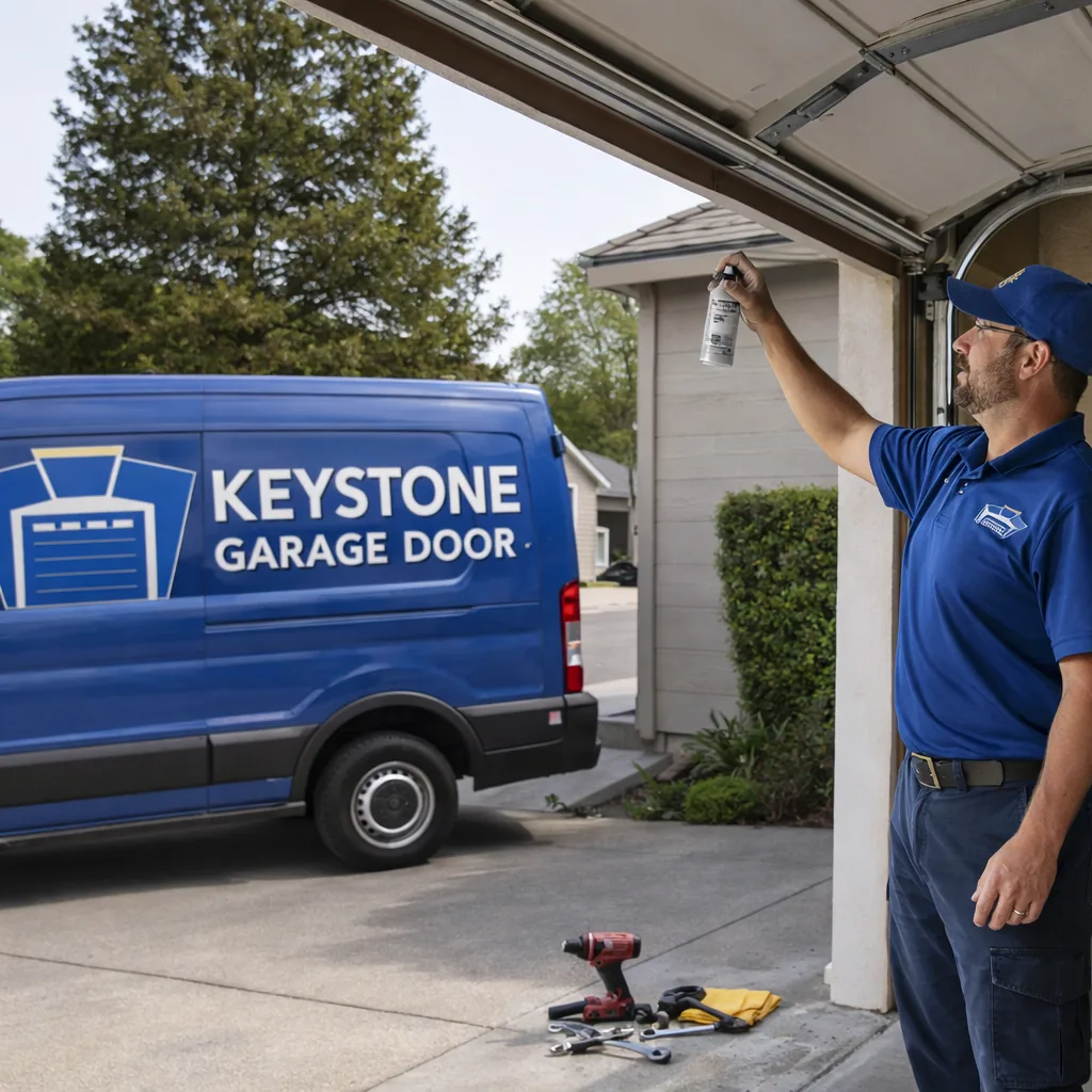 A Keystone technician performing a routine tune-up on an open residential garage door in a Sacramento driveway, lubricating the track and rollers with tools laid out nearby.
