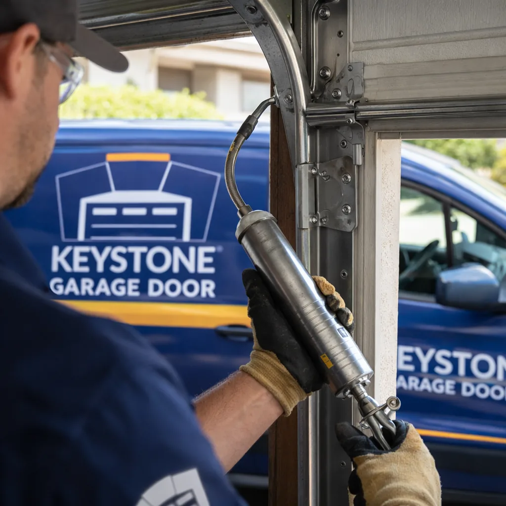 A technician using a grease gun on the roller track of an open garage door, close on the hardware and hinges.