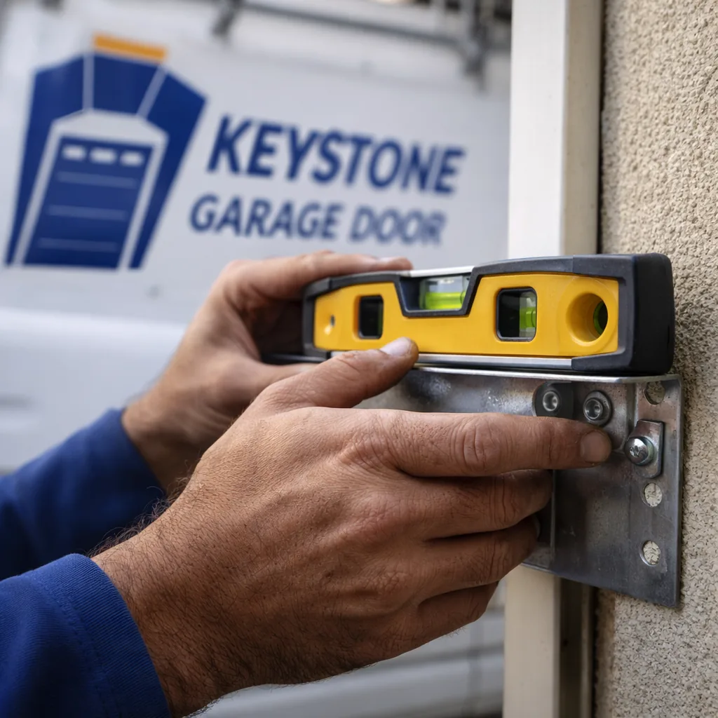 A technician's hands realigning a garage door track bracket against the wall, with a level tool checking the alignment.