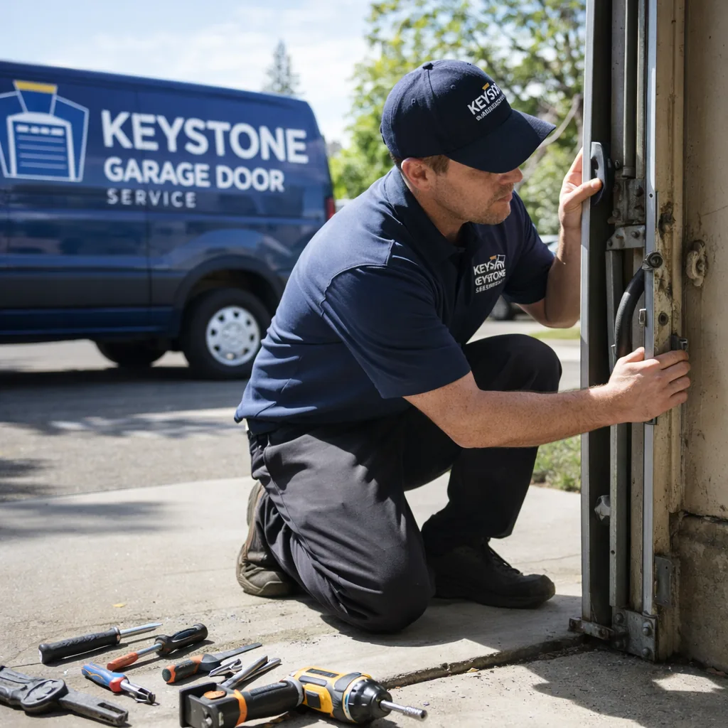 A Keystone technician inspecting a garage door track where the door has come loose from its roller on one side, tools laid out on the driveway.