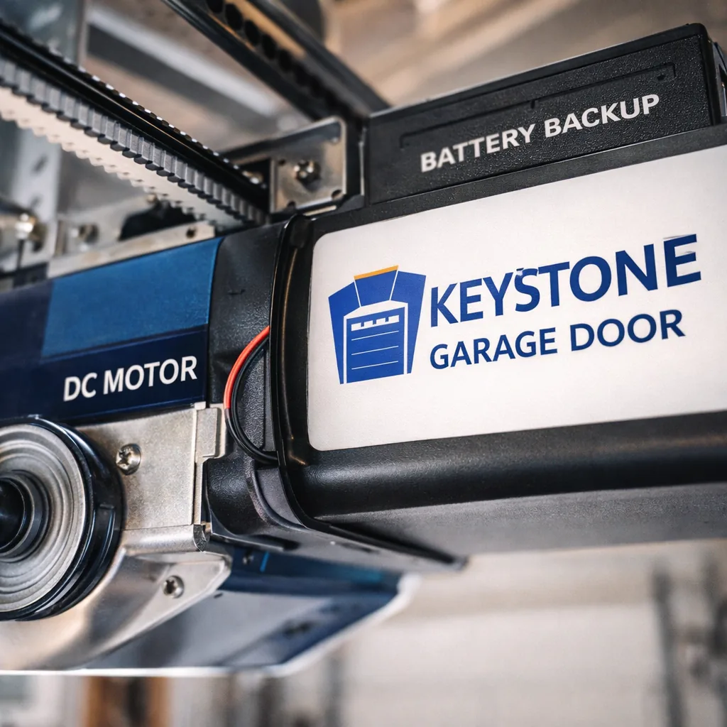 Close-up detail shot of a modern belt-drive garage door opener motor unit mounted to a garage ceiling, DC motor and battery backup module visible.