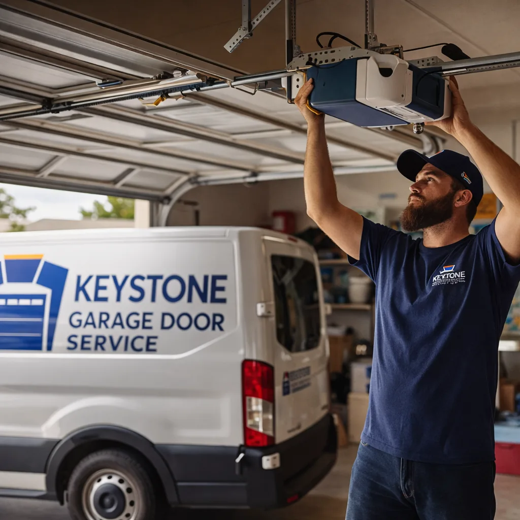 A Keystone technician mounting a new garage door opener motor unit to the ceiling of a residential garage, rail and trolley assembly partially installed.