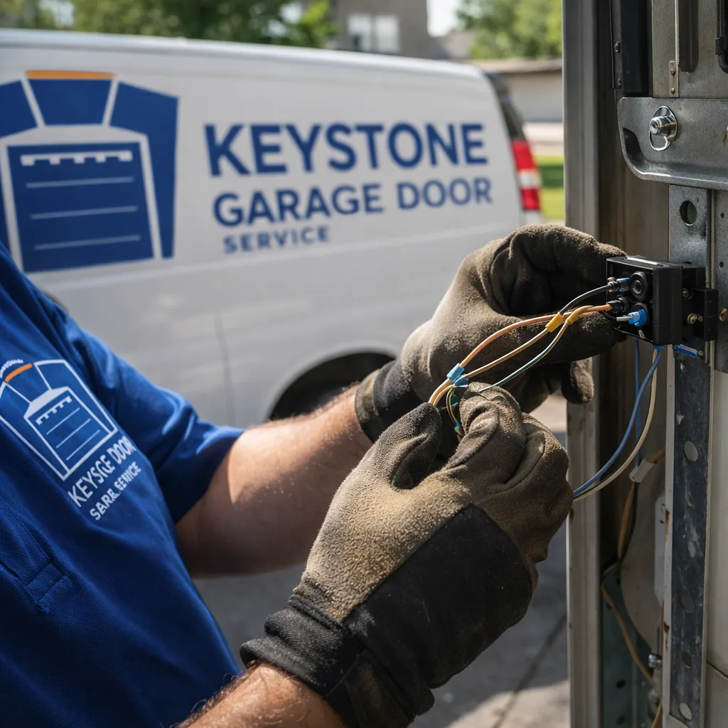 Close-up of a technician's hands wiring the safety photo-eye sensors during a new garage door opener installation.