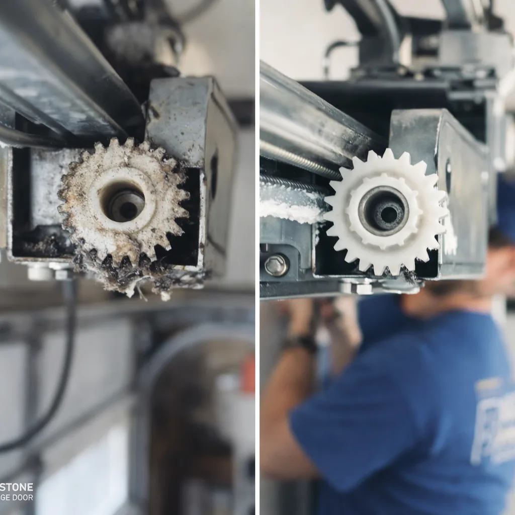 Side-by-side of a stripped, worn opener drive gear before repair and a newly installed gear and lubricated rail after repair.