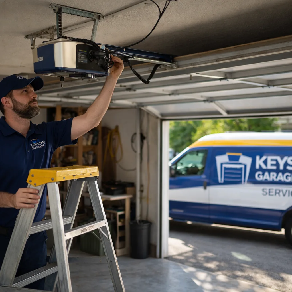 A Keystone technician standing on a stepladder inspecting a ceiling-mounted garage door opener motor unit in a Sacramento home's open garage.