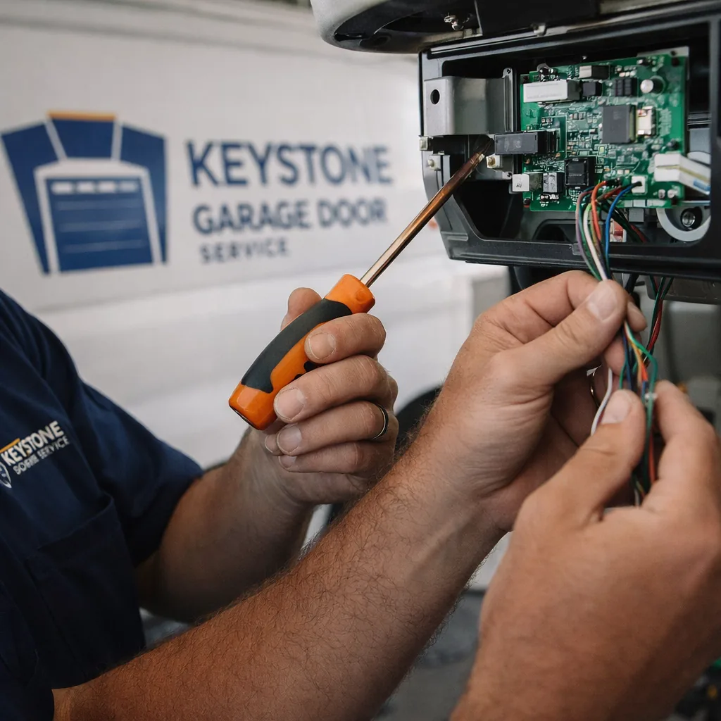 Close-up of a technician's hands adjusting wiring and a circuit board inside an open garage door opener housing.