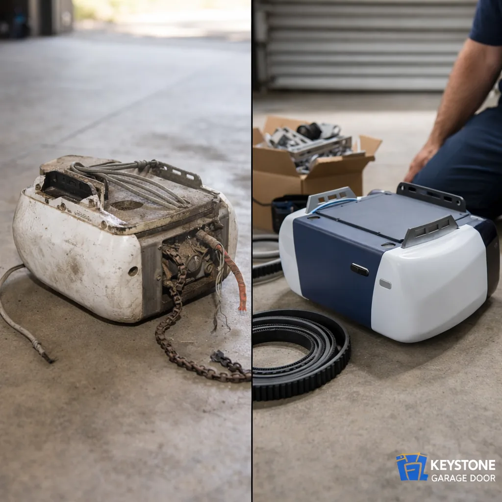 Side-by-side of an old, worn chain-drive garage door opener unit removed from the ceiling next to a new quiet belt-drive opener box ready for installation.