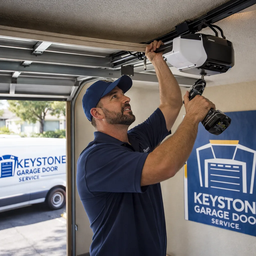 A Keystone technician installing a new belt-drive garage door opener on the ceiling track of a residential garage in the Sacramento area.