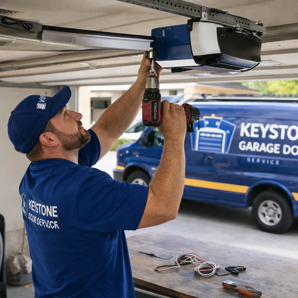 A Keystone technician mounting a new belt-drive opener motor to the ceiling rail inside a residential garage, wiring harness and remote control on the workbench below.