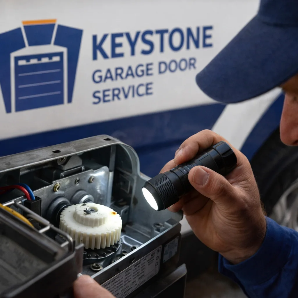 A technician inspecting the drive gear inside an opened garage door opener motor housing with a flashlight.