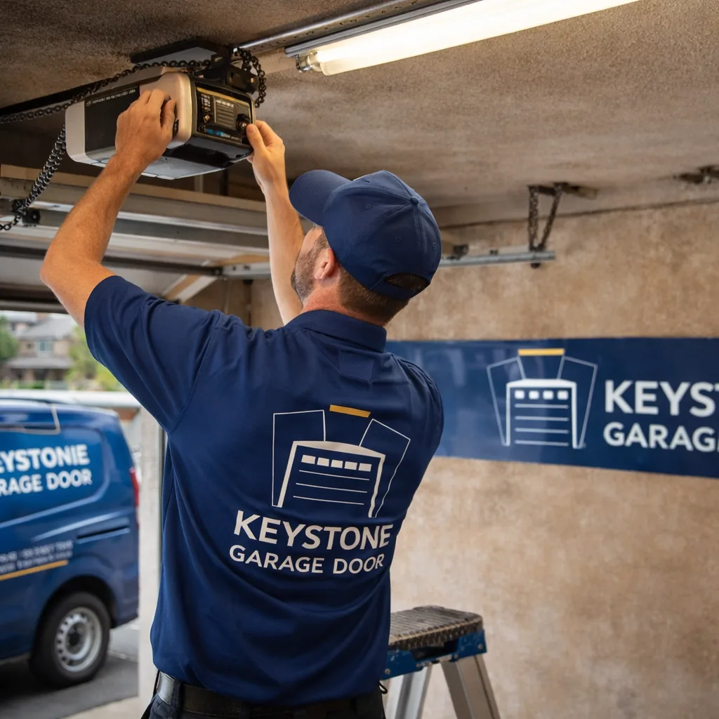 A Keystone technician on a short ladder adjusting the chain tension and force settings on a garage door opener motor mounted to the ceiling of a Sacramento garage.