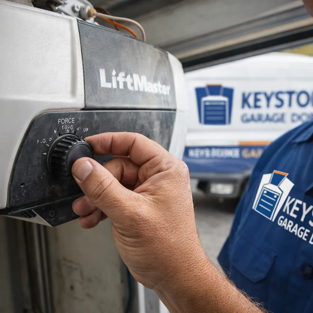 Close-up of a technician's hand adjusting the force-setting dial on the side of a garage door opener motor housing.