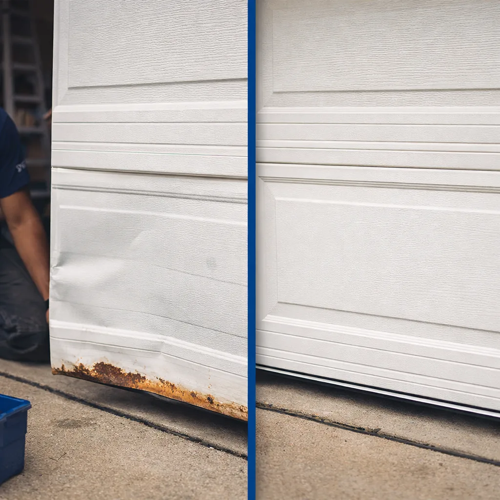 Side-by-side of a garage door section before replacement (dented steel panel, rust along the bottom edge) and after (new matching panel installed, door hanging level).