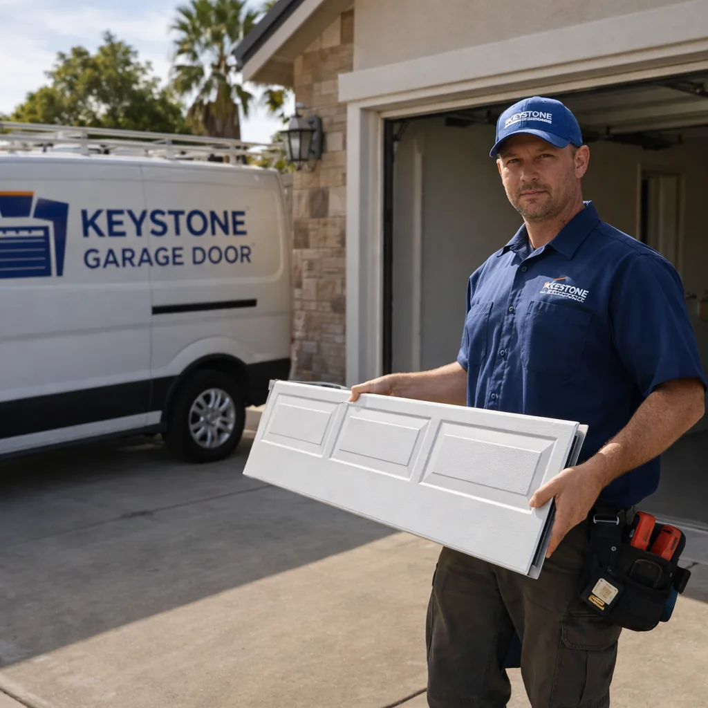 A Keystone Garage Door technician holding a replacement steel garage door panel section beside a residential sectional door in a Sacramento driveway.