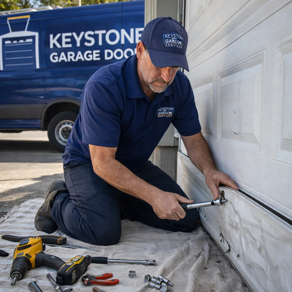 A technician unbolting a dented bottom panel from a residential sectional garage door, tools laid out on a drop cloth in the driveway.