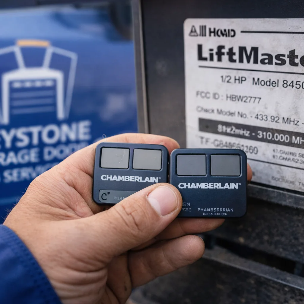 A technician's hand holding two garage door remotes side by side next to the opener's model label to confirm the frequency match.