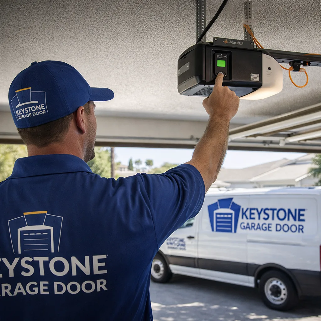 A Keystone technician programming a new garage door remote by pressing the learn button on the opener motor unit mounted to a Sacramento garage ceiling.