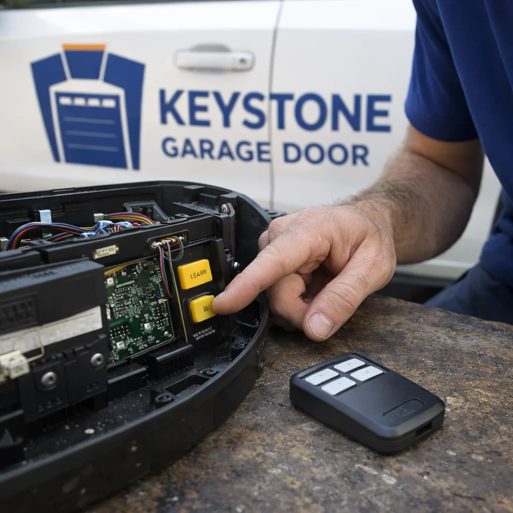 Close-up of a hand pressing the learn button inside a garage door opener motor housing while a new remote sits nearby on a workbench.