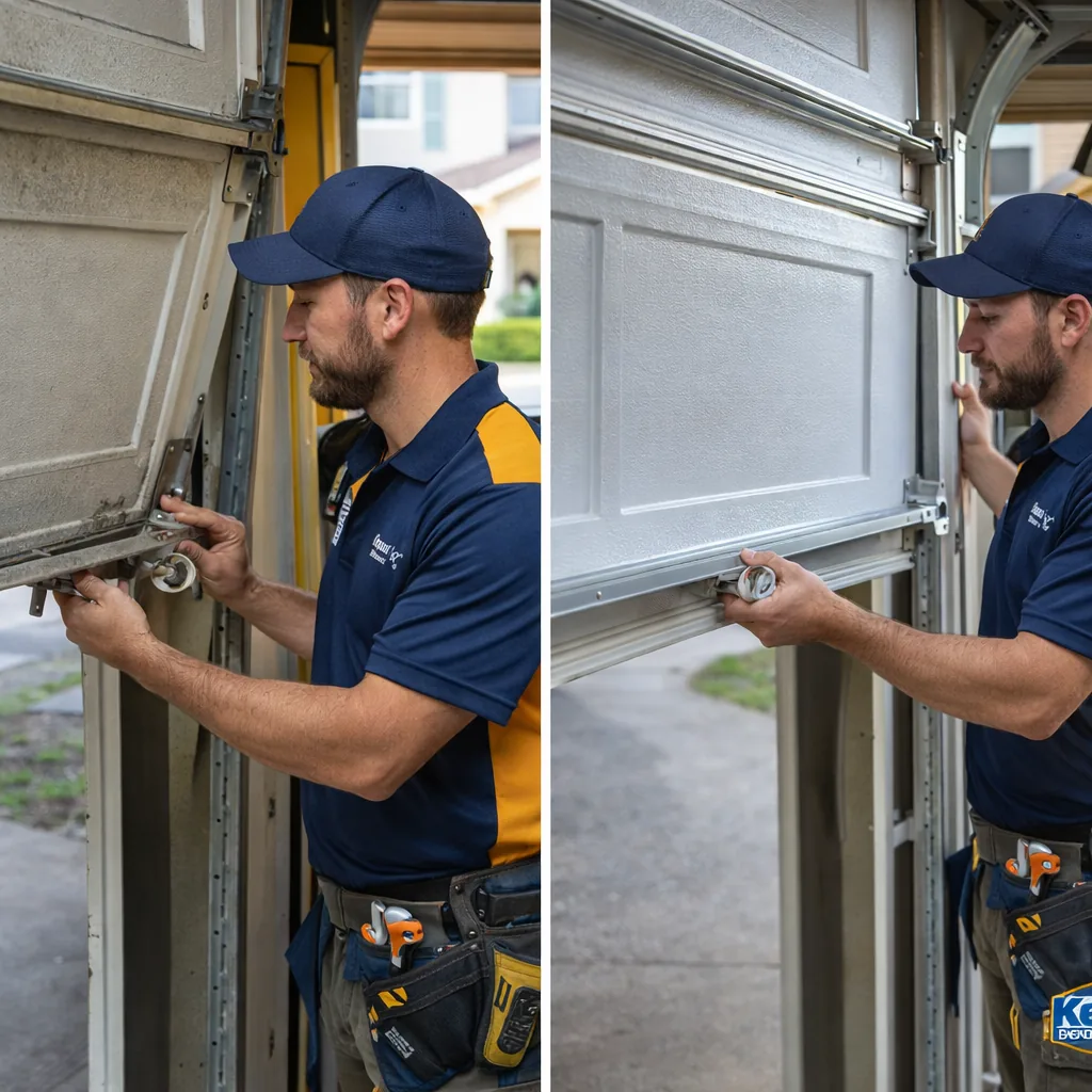 Side-by-side of an Elk Grove garage door before repair, door off track and sagging, and after, level with new rollers and track aligned.