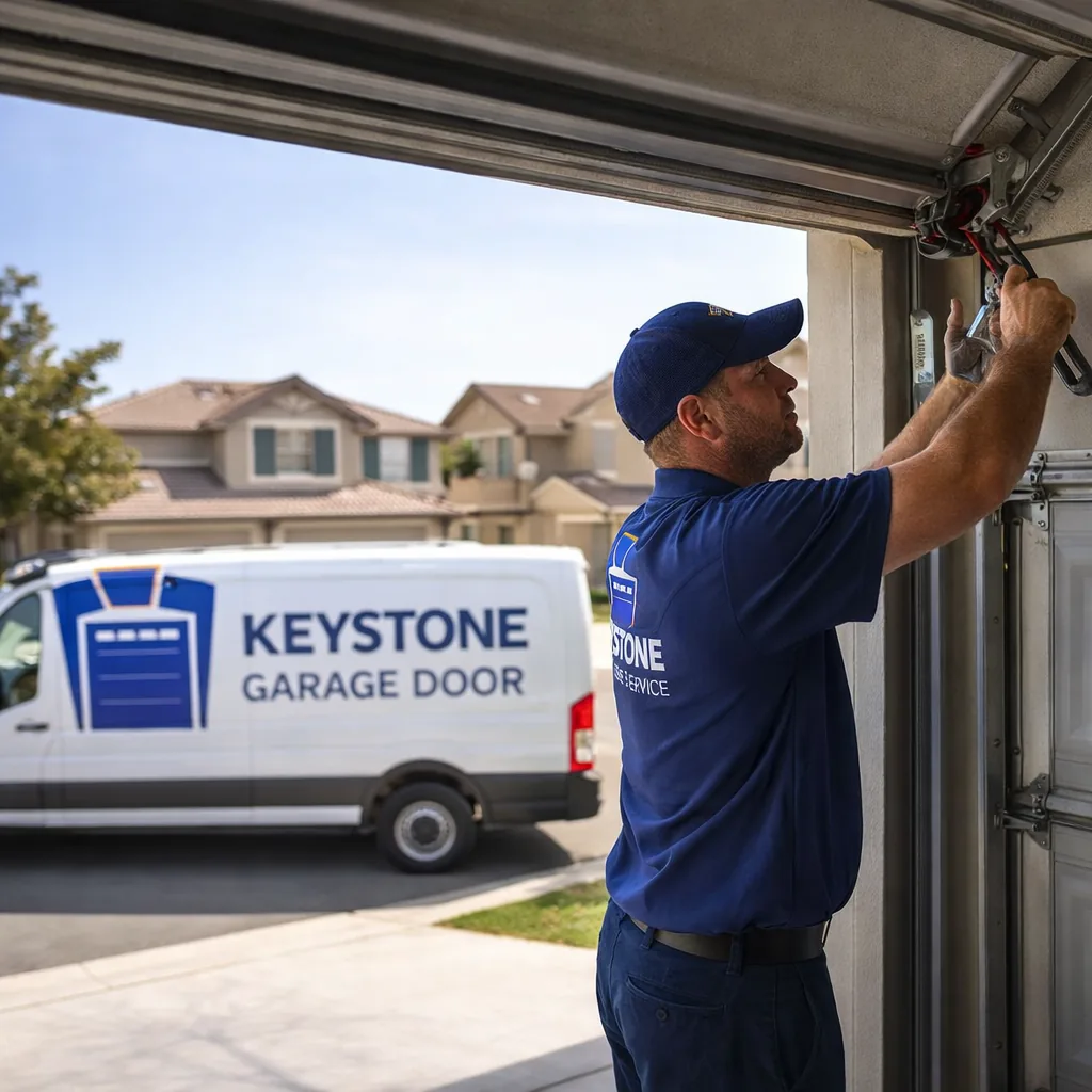 A Keystone technician in a branded uniform repairing a residential sectional garage door in an Elk Grove driveway, a suburban tract-home neighborhood in the background.
