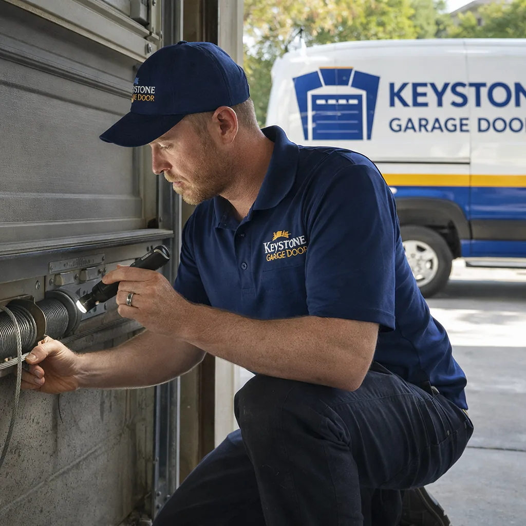 A technician kneeling beside an open garage door in an Elk Grove garage, checking the lift cables and drums with a flashlight.