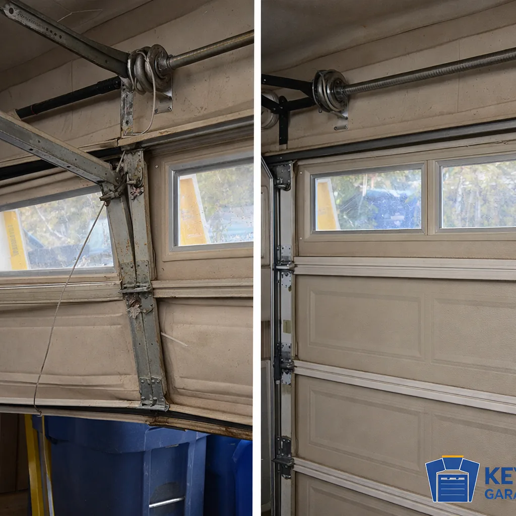 Side-by-side of a Folsom garage door before repair, cable off the drum and door sagging, and after, level with new cables and rollers installed.