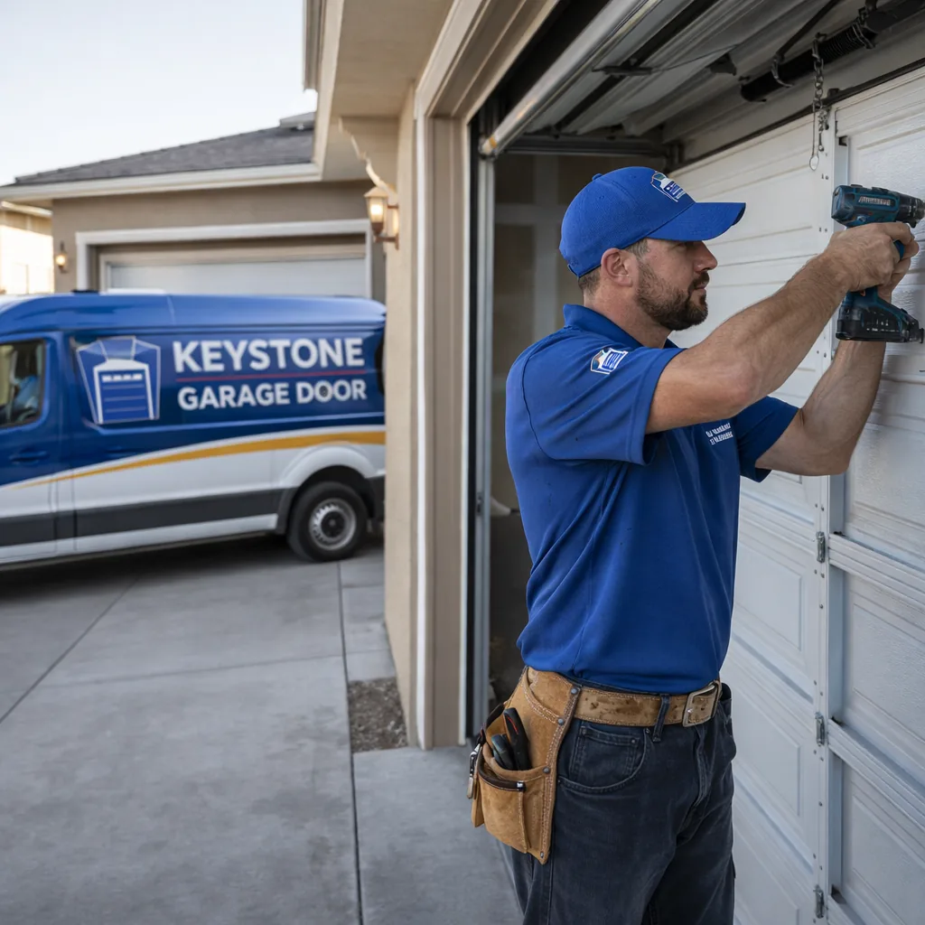 A Keystone technician in a branded uniform repairing a residential sectional garage door on a driveway in Folsom, a two-car garage with newer construction visible behind.