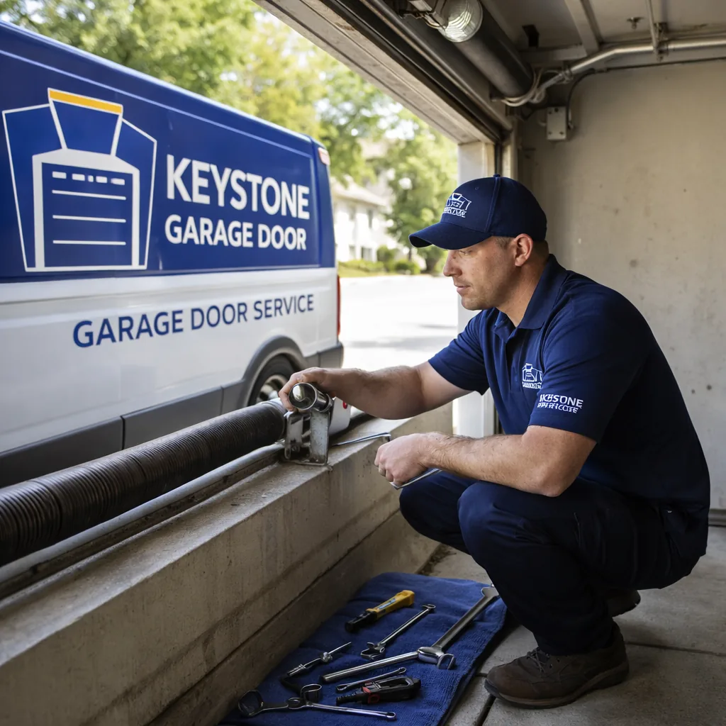 A technician kneeling beside an open two-car garage door in a Folsom garage, inspecting the torsion spring and drums with tools laid out on a mat.
