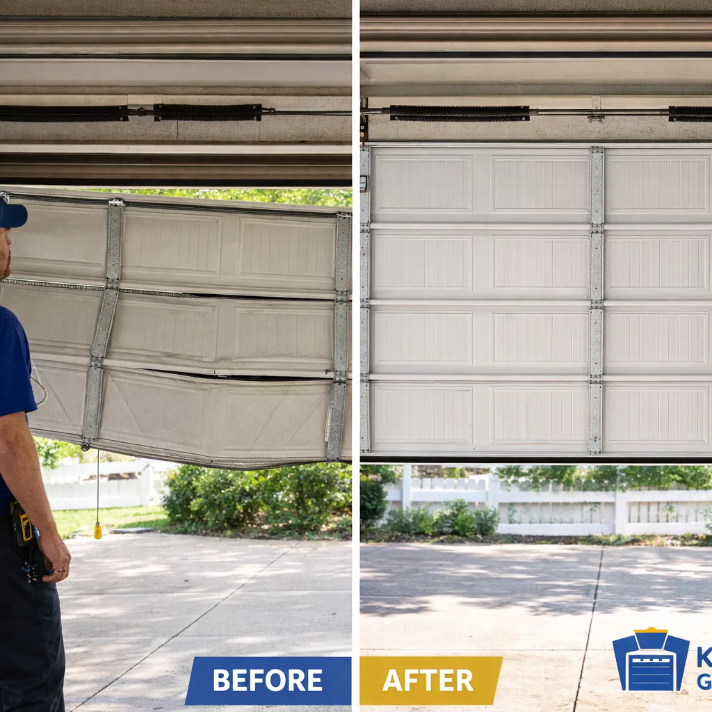 Side-by-side of a large double garage door before repair (sagging, broken spring visible) and after (level, new springs installed, cables reseated).